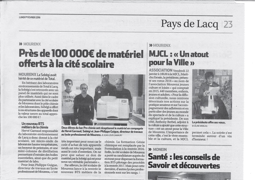 Près de 100 000€ de matériel offerts par SOBEGI à la cité scolaire